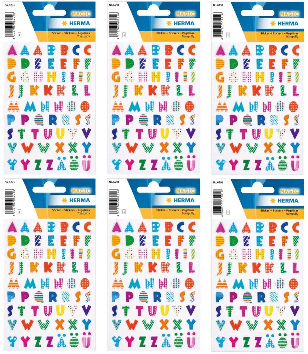Herma Alfabet plak letters A-Z Stickers - 6x vellen - gekleurd - 10 mm - watervast