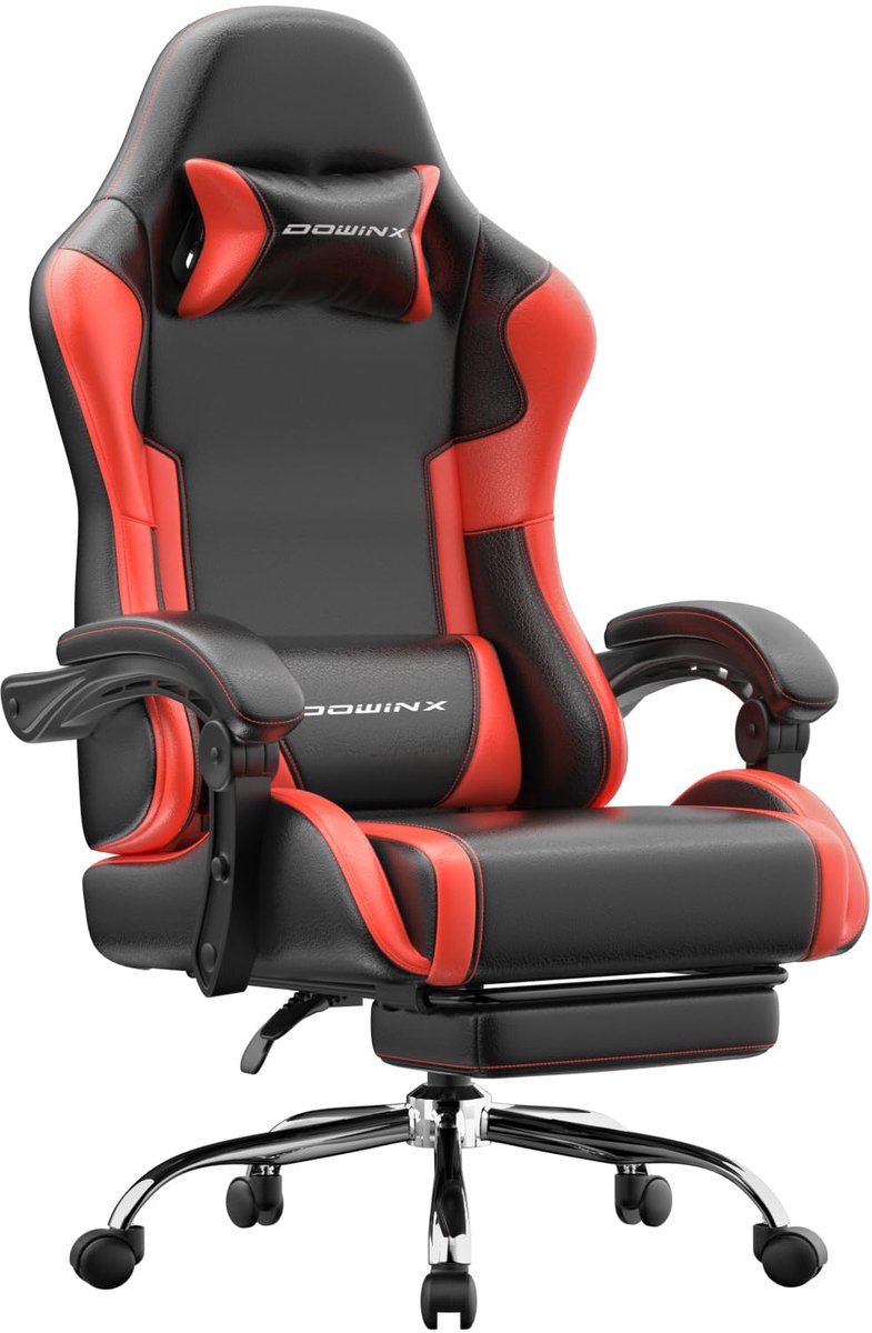 Dowinx Gaming stoel met voetsteun - Ergonomische bureaustoel met massage lendensteun - Verstelbare rugleuning en hoofdsteun - Kunstleren gaming fauteuil voor kantoor, thuis en gaming - 51x49x130 cm