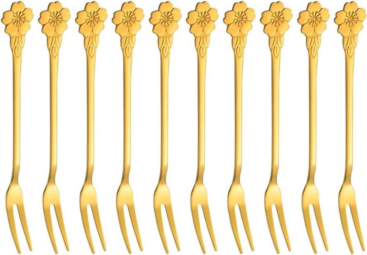 Roestvrijstalen Fruitvorken - Dessert Vorken Cake Vorken - Feest Picknick Gebruik - Compact Bloem Design - 13.3 cm - Goud