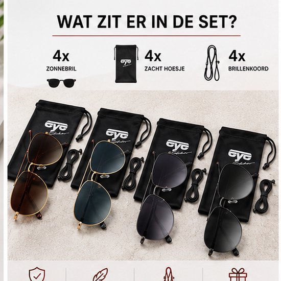 Eye Catcher – Zonnebril Set van 4 – Unisex Pilotenbrillen – Metalen Montuur – Inclusief Hoesjes en Koorden – 4 Kleuren — afbeelding 4