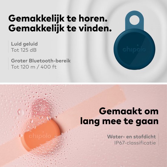 Chipolo tracker in donkerblauw, waterdicht en stofdicht, met luid geluid.