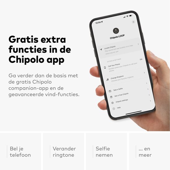 Telefoon toont Chipolo LOOP app met functies: Bel je telefoon, Verander ringtone, Selfie nemen.