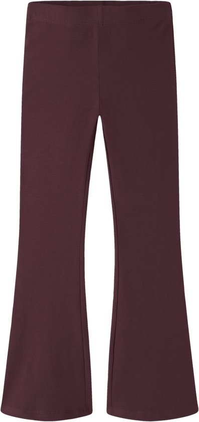 Bordeauxrode meisjesbroek met wijde pijpen en elastische tailleband.