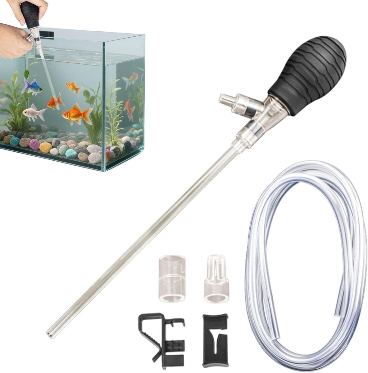 Aquarium Schoonmaakset - Grindstofzuiger Aquarium - Aquarium Onderhoud - Flexibel Uitrekbaar - 200 cm Afvoerbuis - Grijs