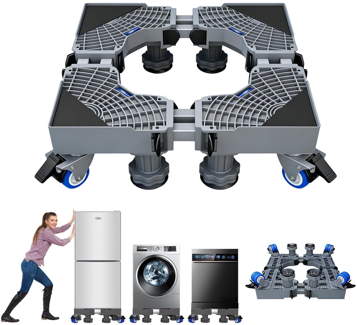 Dailygoods- Meubelwasmachine Versterkte Dubbele Buis - Verstelbare Dolly - Mobiele Basis - 4 Wielen - Roestpreventie - Flexibele Mobiliteit