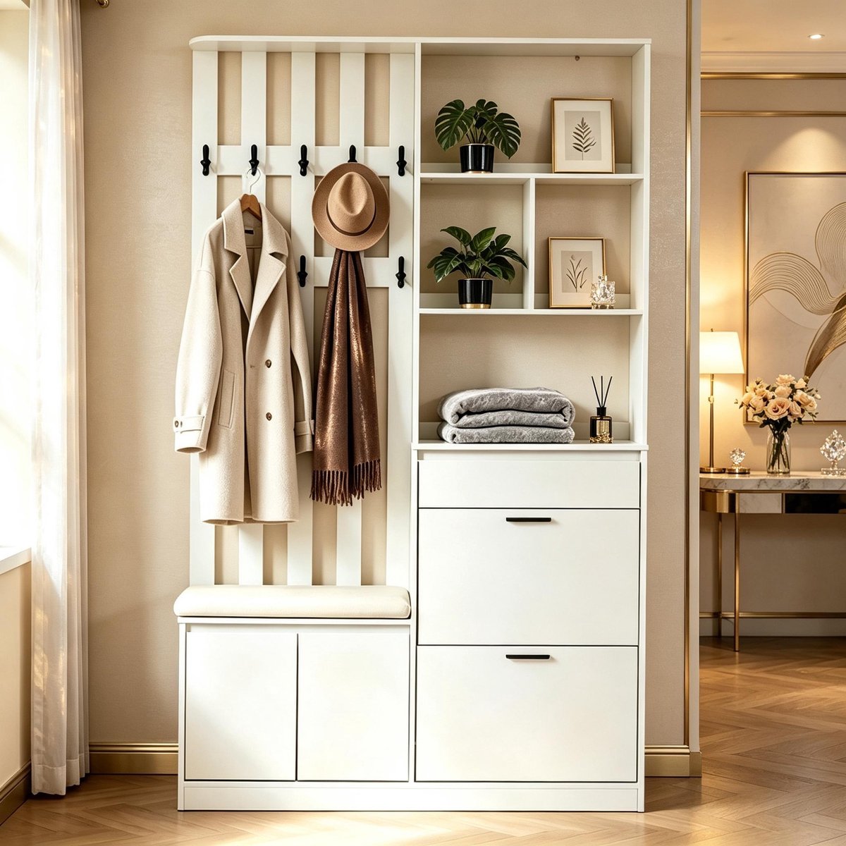 Kledingrek 120x30x200cm gemaakt van MDF - multifunctionele kast met gestoffeerde bank - 2 schoenenvakken - 1 lade - 2 deuren en 10 kapstokhaken - draagvermogen tot 30 kg voor de entree - wit