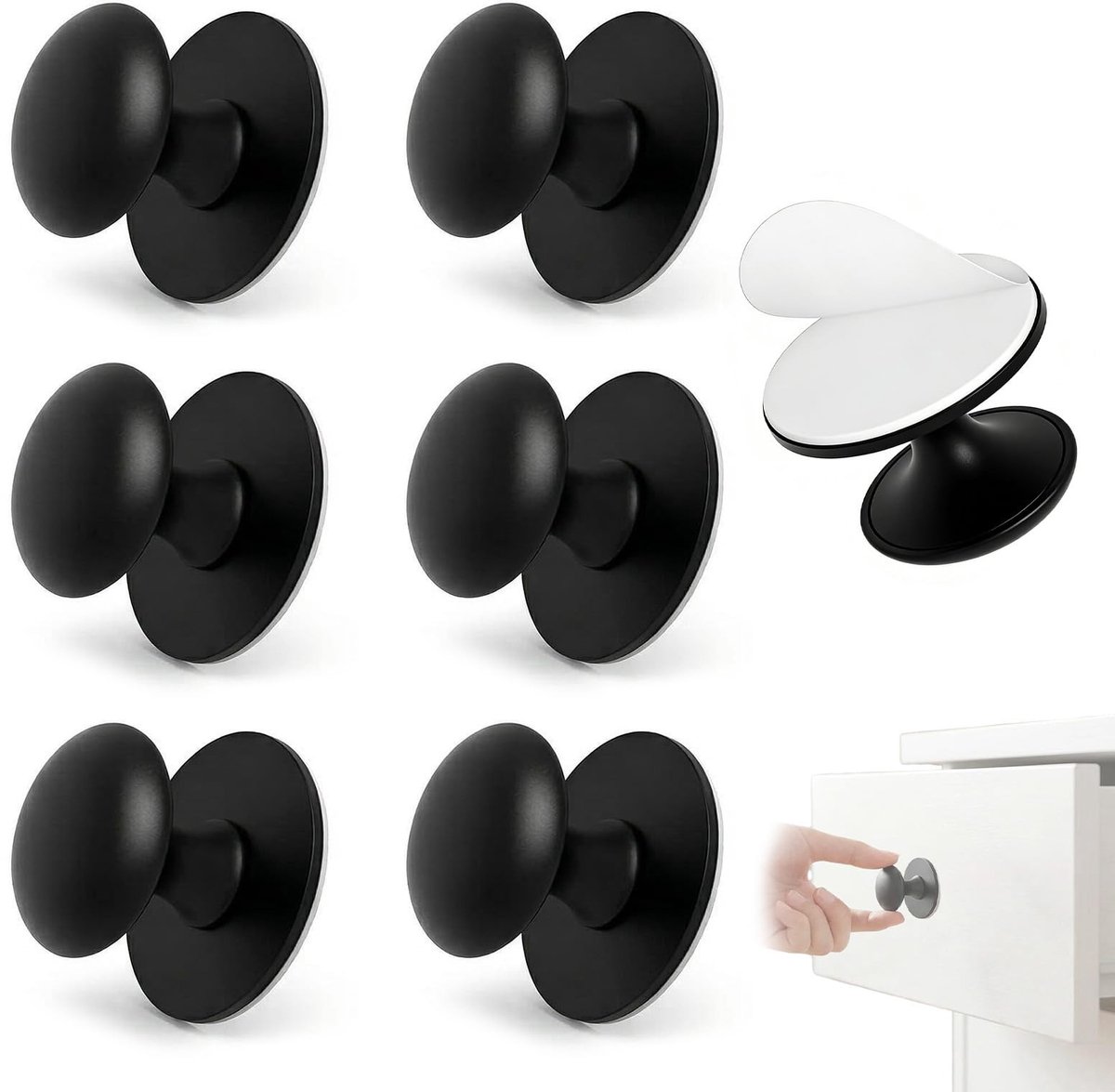 Dailygoods- Meubelknoppen 6 stuks - Zelfklevend - Roestvrij staal - Ronde zwarte handgrepe