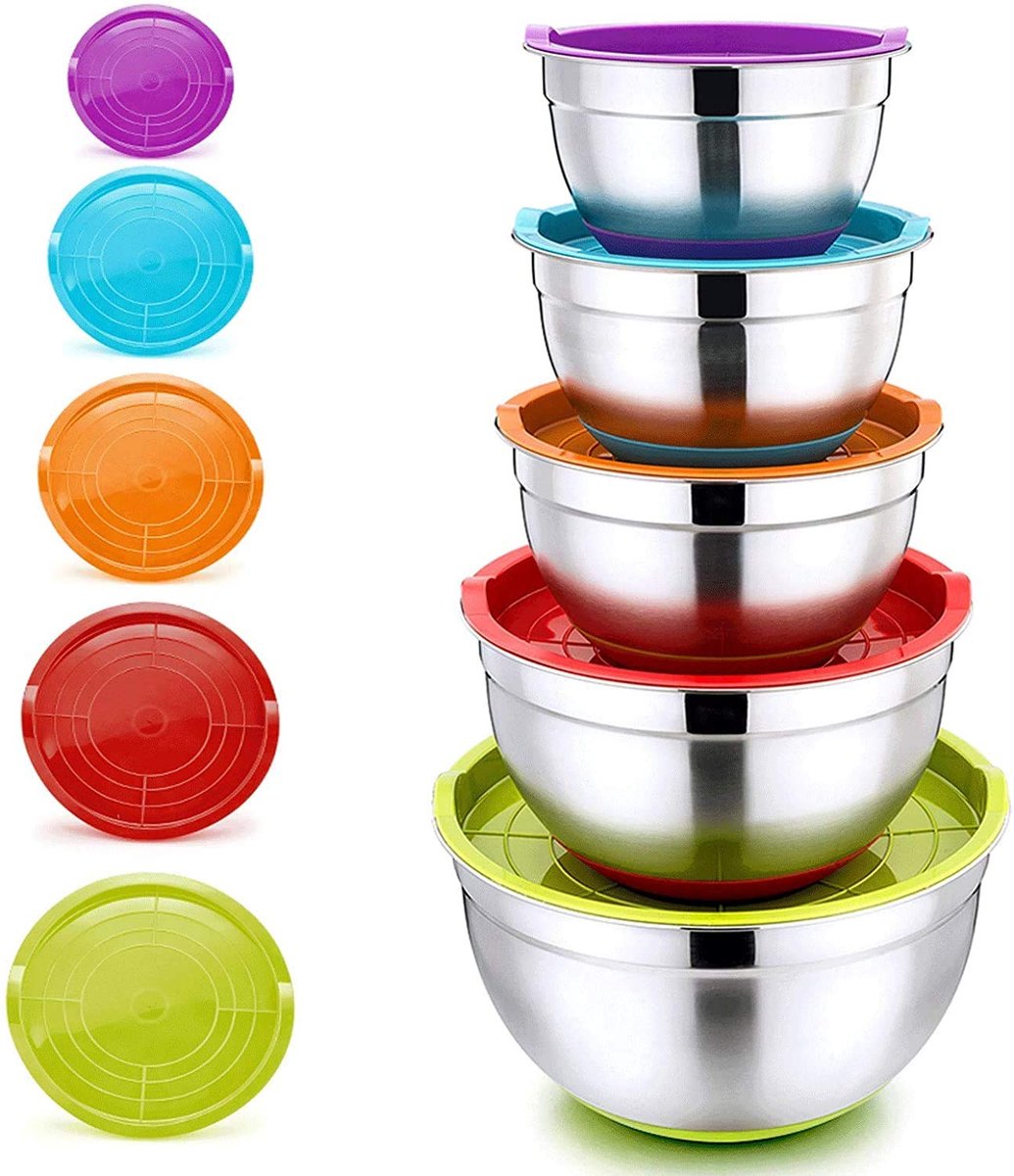 Dailygoods - 5-Delige Mengkom Set met Luchtdichte Deksel en Antislip Basis - Vaatwasserbestendig
