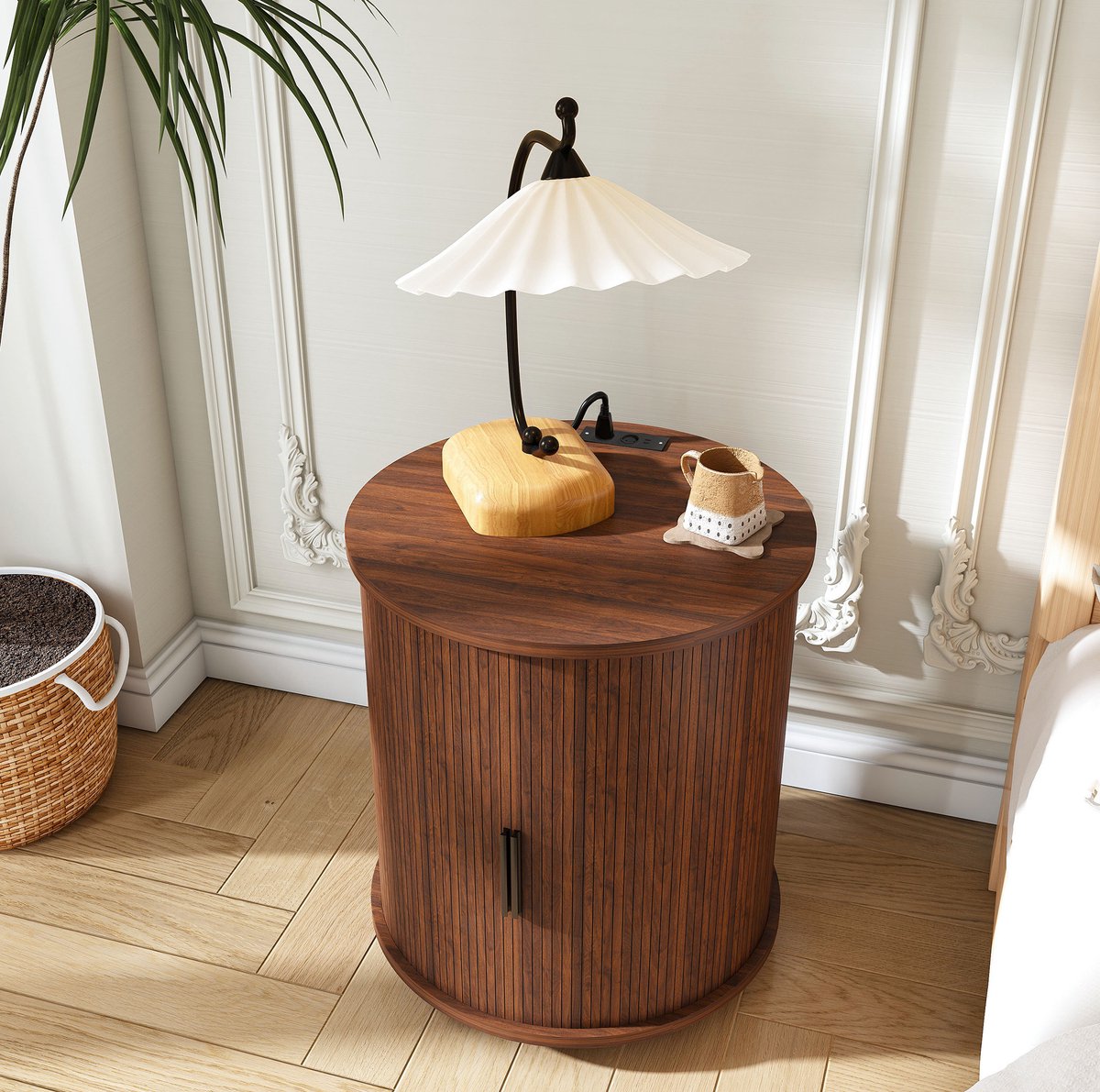 REDOM - Bedtafel - Zylindrisch ontwerp met schuifdeur en laadstation - MDF met walnootlook - Retro & Vintage - Slaapkamer en woonkamer - Walnoot - 60 x 60 x 60 cm