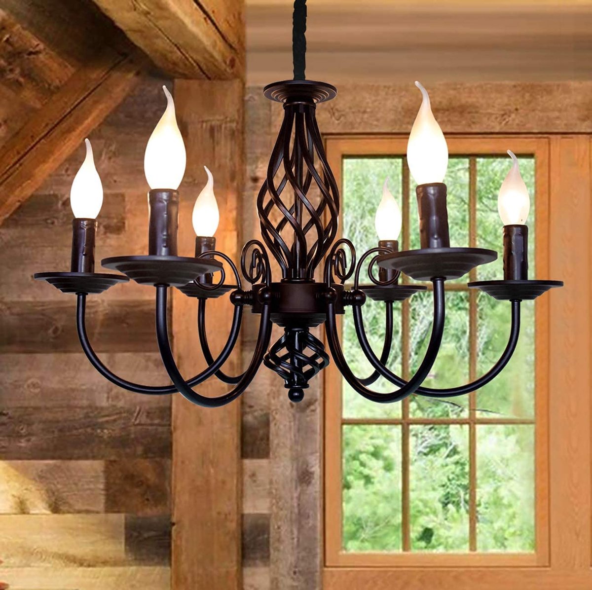 Dailygoods- Kroonluchter Vintage Stijl - Zwart Smeedijzer - 6 Lichten - Verstelbare Hoogte tot 90 cm - Retro Ontwerp - Elegante Uitstraling - Hanglamp