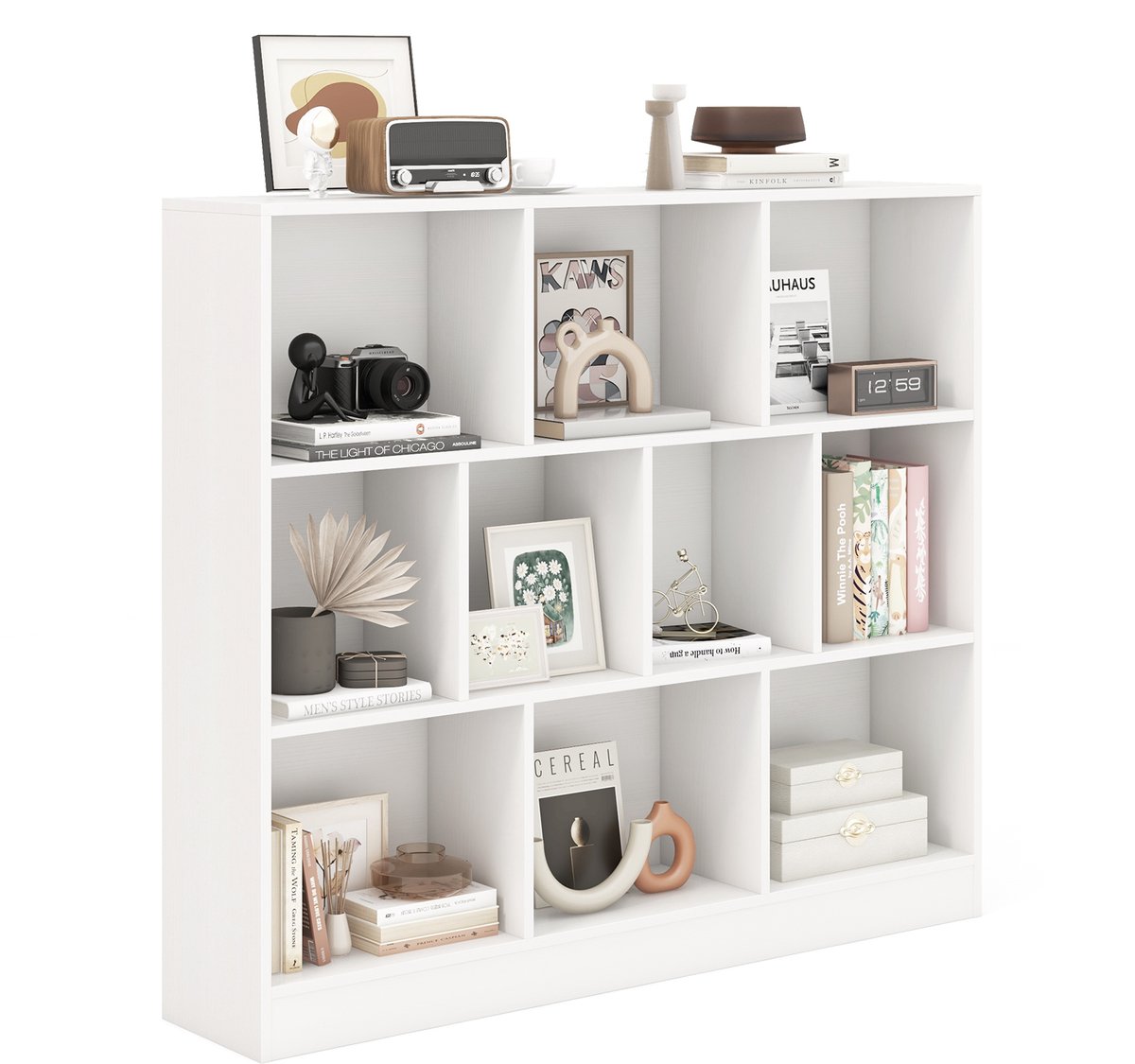 COSTWAY Boekenkast met 10 vakken, staande kast met 3 etages, kubuskast, kantoorkast, opbergkast voor woonkamer, slaapkamer, studeerkamer, kantoor, 120 x 24 x 104 cm (Wit)