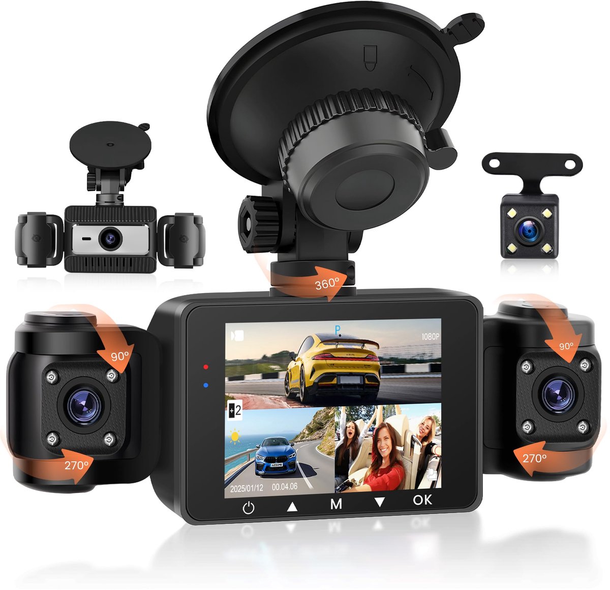 SnelShoppen - 360° 4-kanaals dashcam auto met 4 x camera's, hoge resolutie, nachtzicht, parkeerbewaking, zwart, ideaal voor auto, vrachtwagen en motor