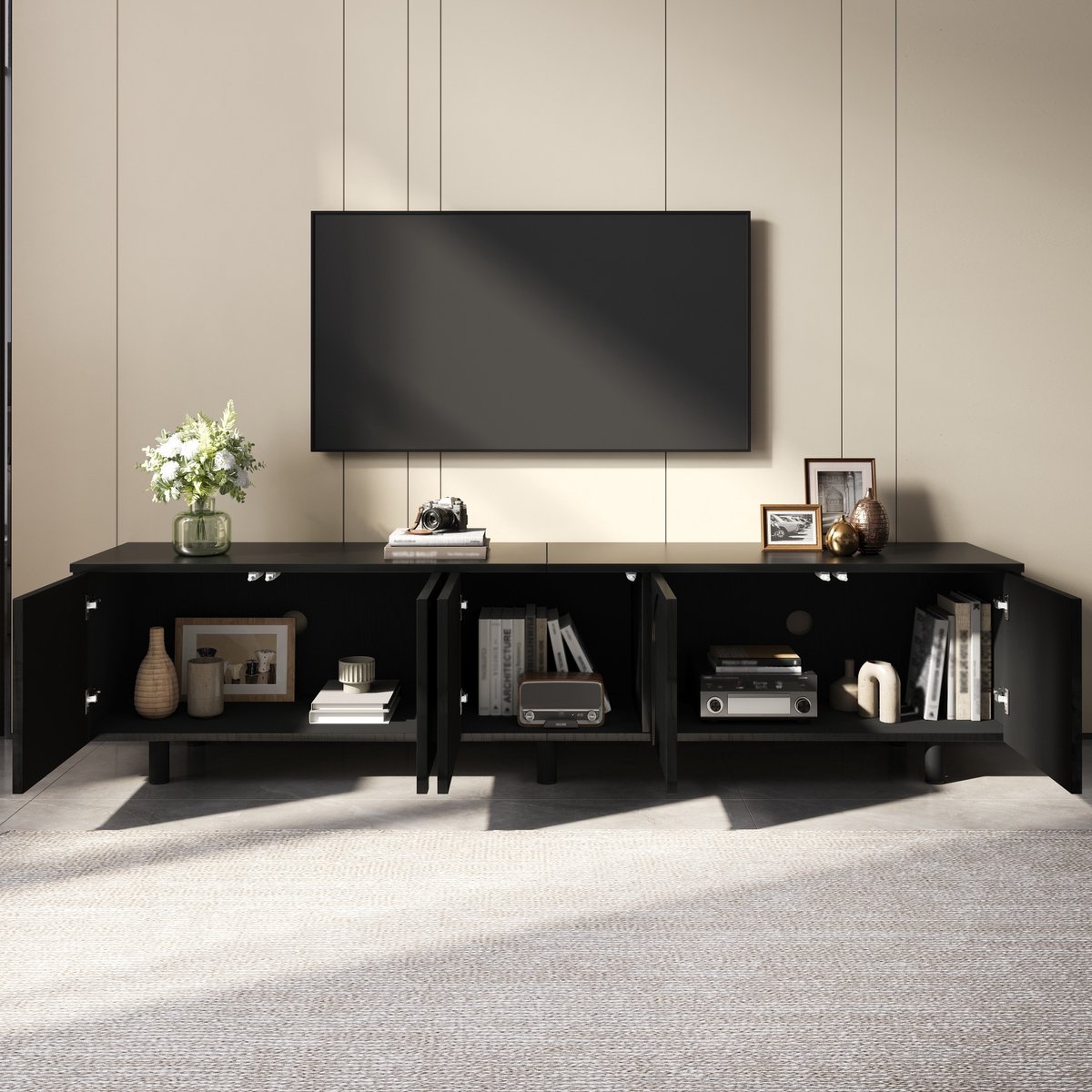 Tv meubel met 5 deuren - lage kast voor de woonkamer - metalen poten - moderne opberg-tv-kast - zwart