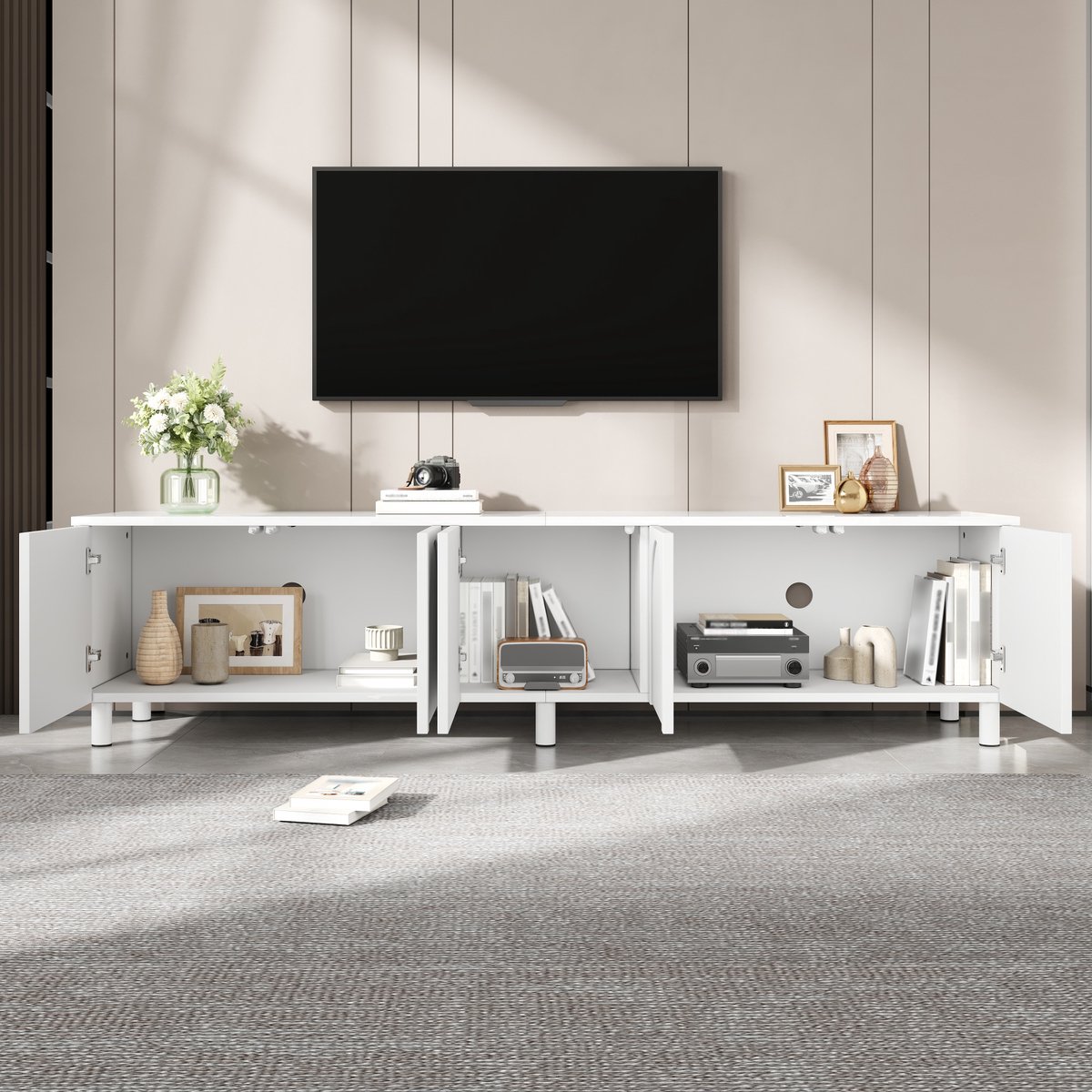 Tv meubel met 5 deuren - lage kast voor de woonkamer - metalen poten - moderne opberg-tv-kast - wit