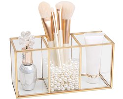 SnelShoppen - Make-up organizer met glazen en messing penseelhouder, bureau-organizer voor kwasten, eyeliner, lippenstift, cosmetica-opslag, stijlvol