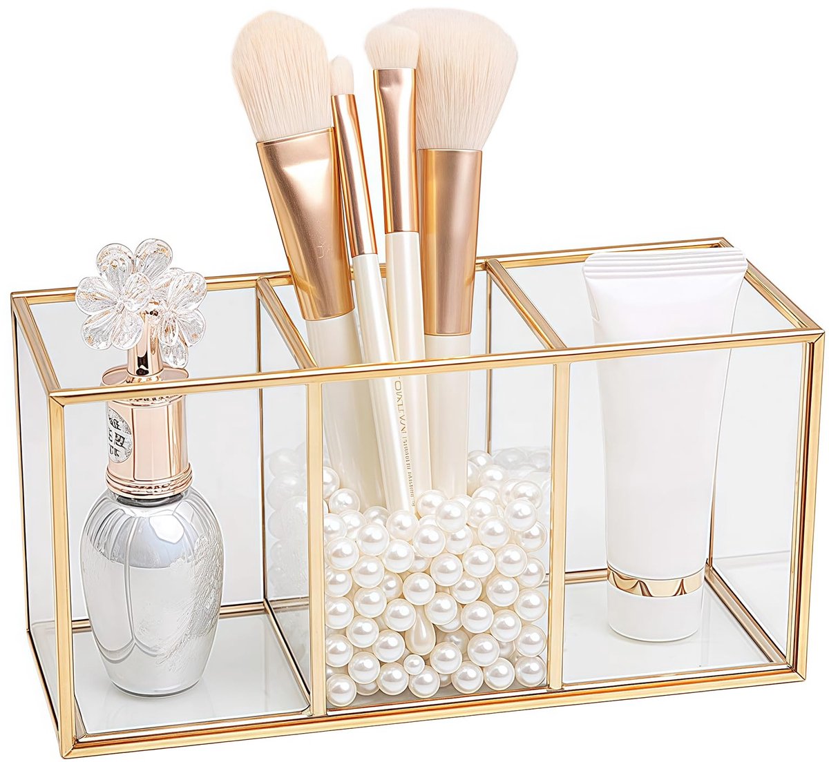 SnelShoppen - Make-up organizer met glazen en messing penseelhouder, bureau-organizer voor kwasten, eyeliner, lippenstift, cosmetica-opslag, stijlvol