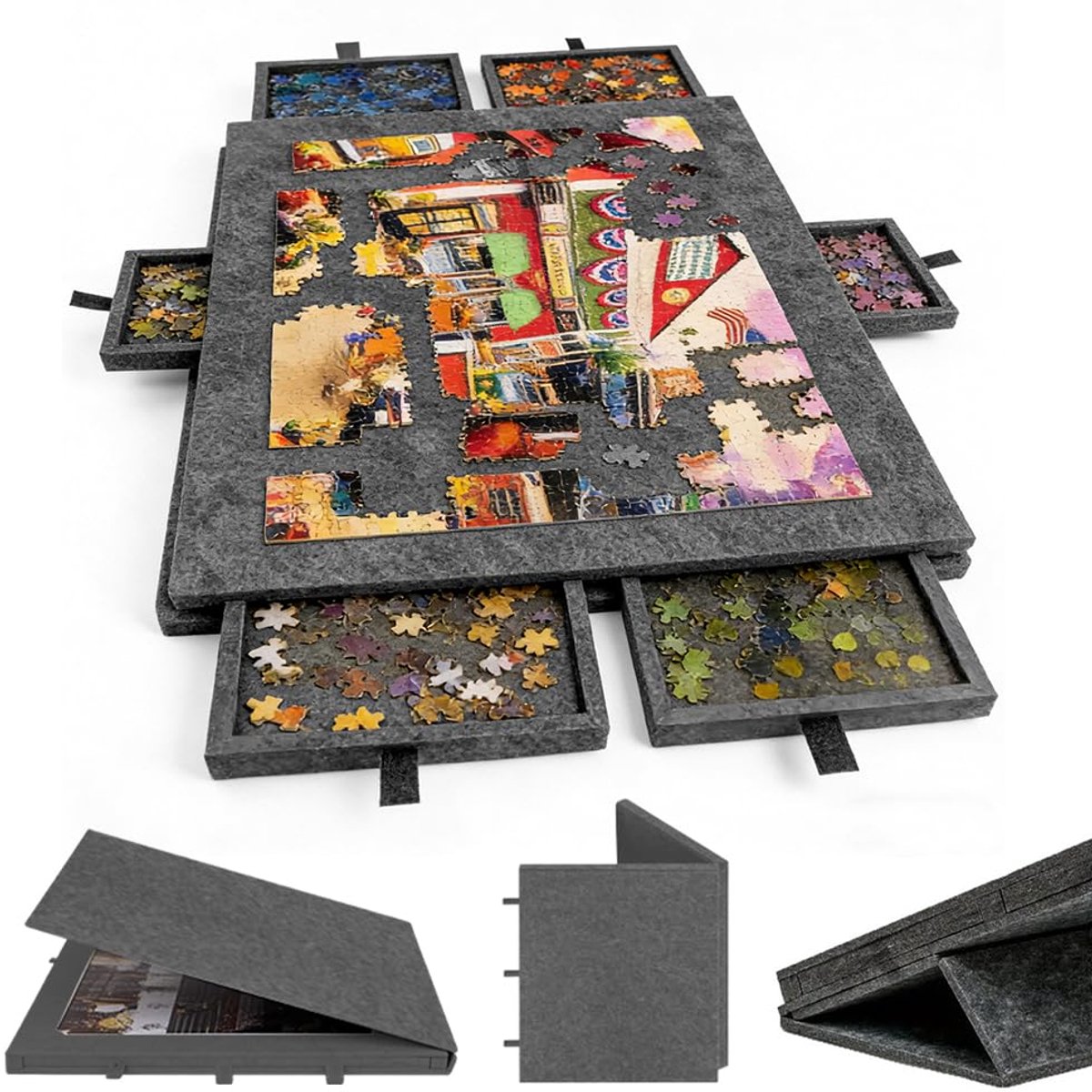 SnelShoppen - Kantelbare Puzzeltafel 1000 Stukjes met 6 Laden, Draagbaar Puzzels Bord met 2-in-1 Standaard en Afdekking, Lichtgewicht Vilten Puzzeltab
