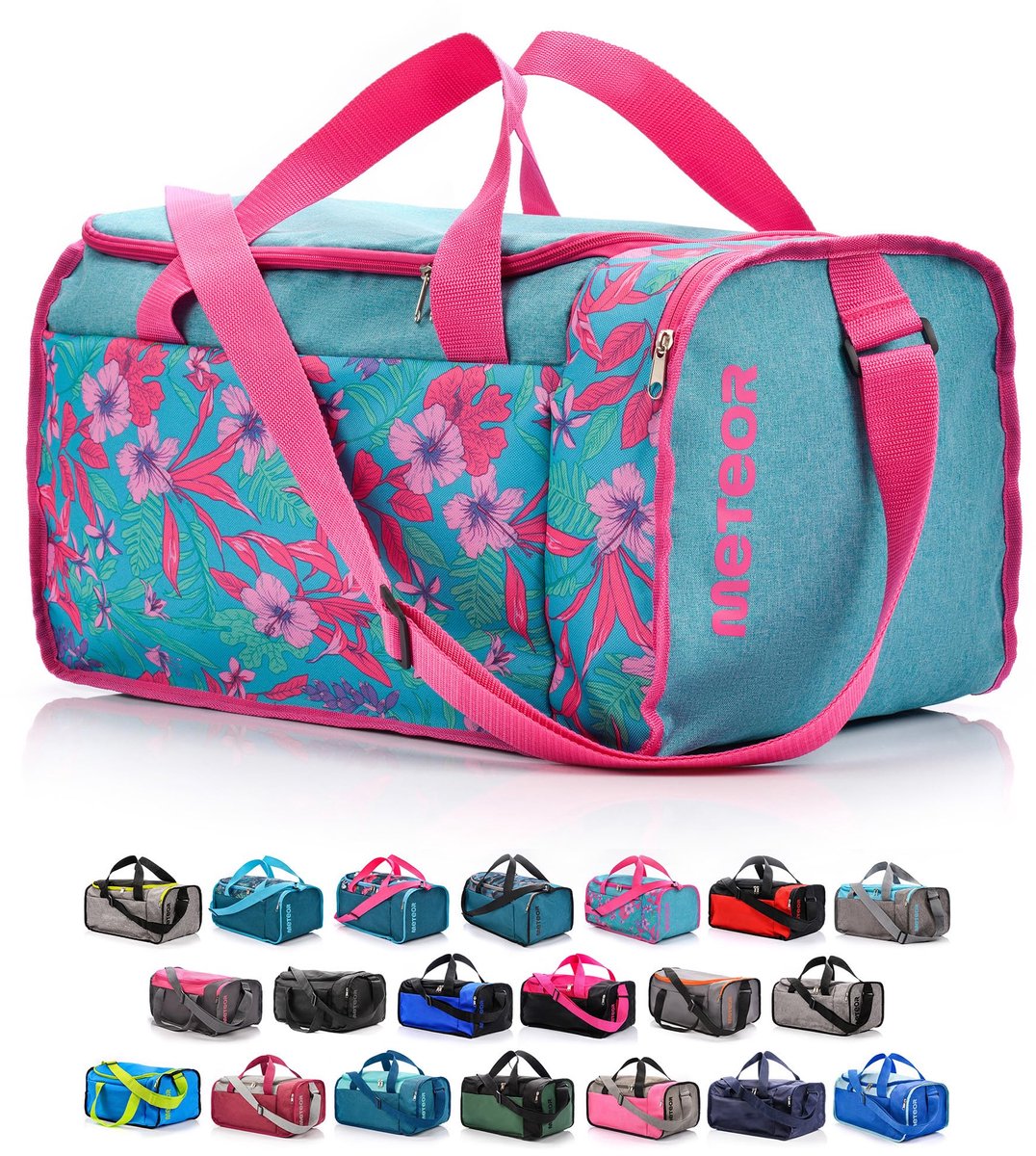 SnelShoppen - Sporttas Sport Bag voor Fitness Sportschool - 40L - Blauw/Roze Bloemen - Ideaal voor Dames en Heren, Perfect voor Sport, Reizen en Dagel