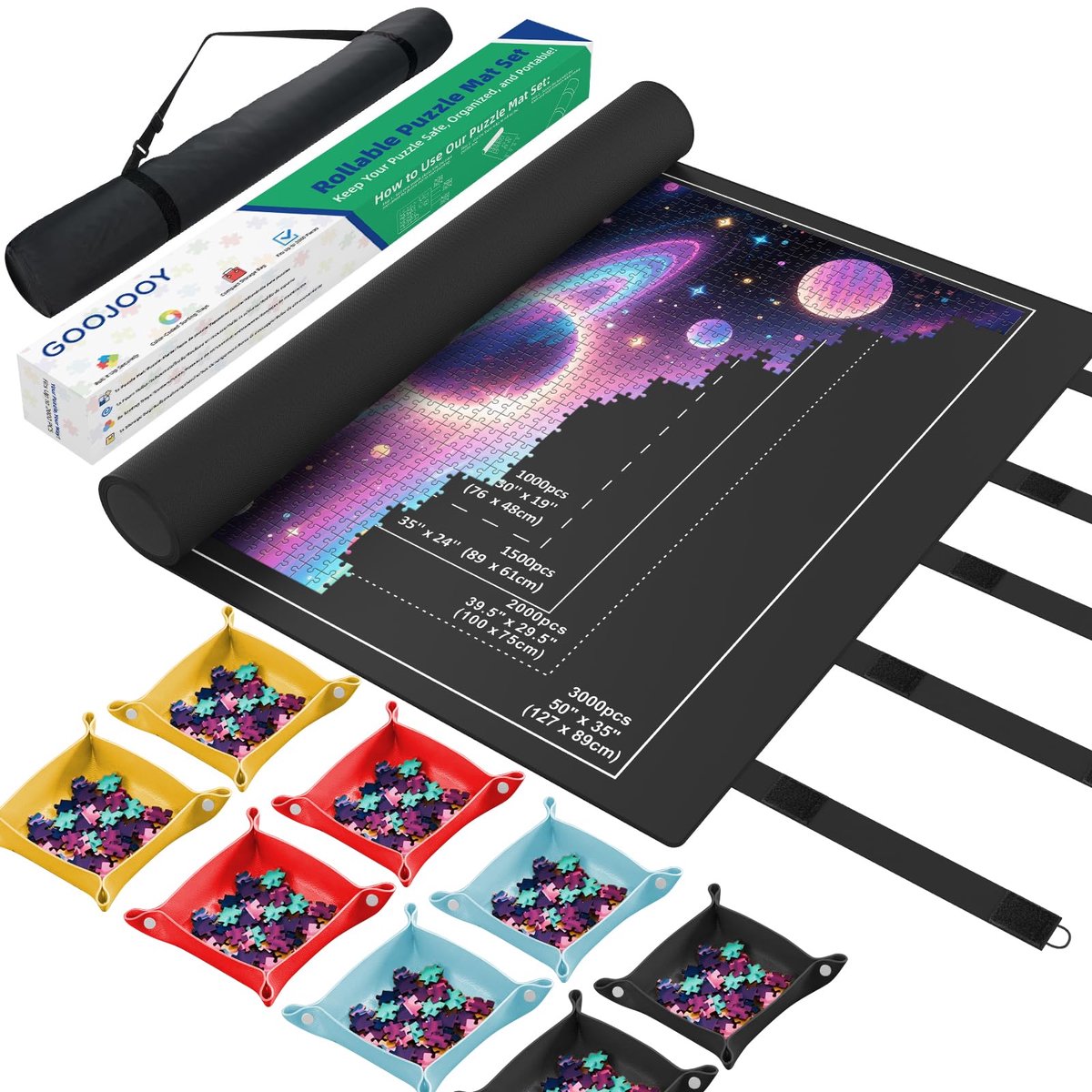 SnelShoppen - Rubberen puzzelmat voor 3000 stukjes, antislip oprolbare puzzelmat 149 x 95 cm, puzzelaccessoires met 8 sorteerbakken + 1 opbergtas, ide
