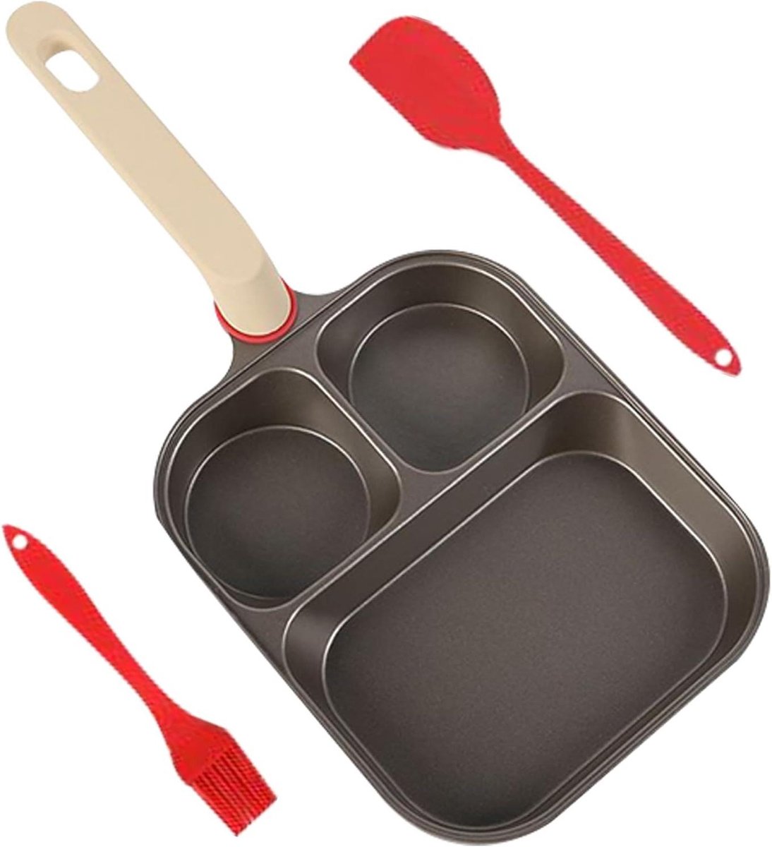 Eierpan met 3 holtes - Omelet pan - Ontbijt bereiden - Antiaanbaklaag - Inclusief schraper - Zwart