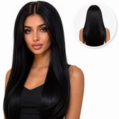 SassyGoods® Luxe Front Lace Wig Zwarte Pruik - Pruiken Dames Lang Haar Steil Haar Wasbaar - Zwart - 66 cm