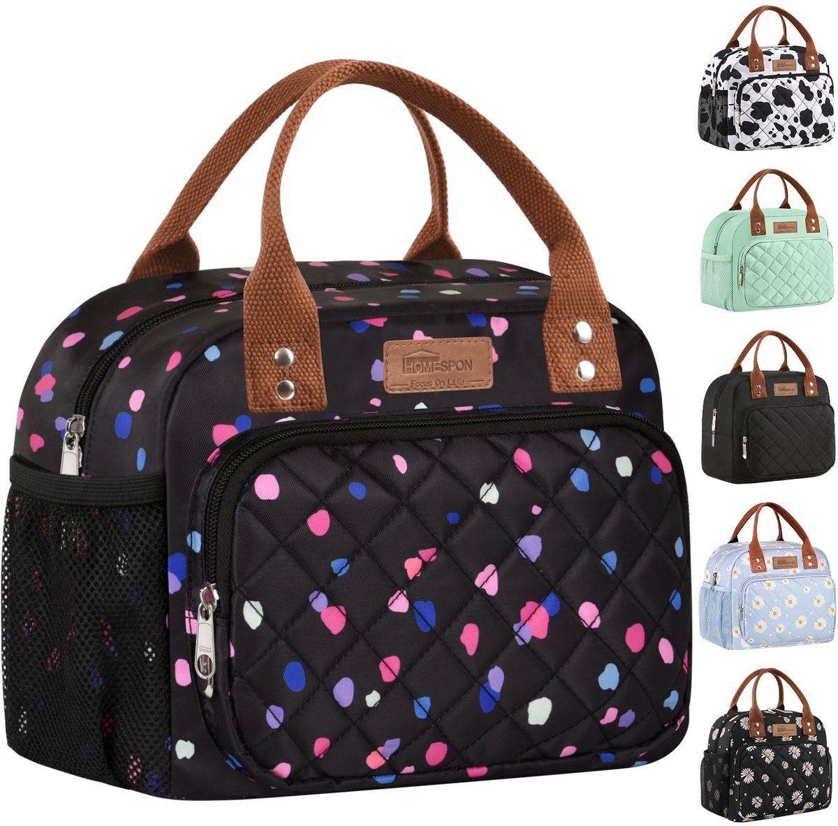 SnelShoppen - Geïsoleerde lunchtas voor dames en heren, kleurrijke stippen, koeltas lunch box container, ideale lunch draagtas voor werk, school, pick