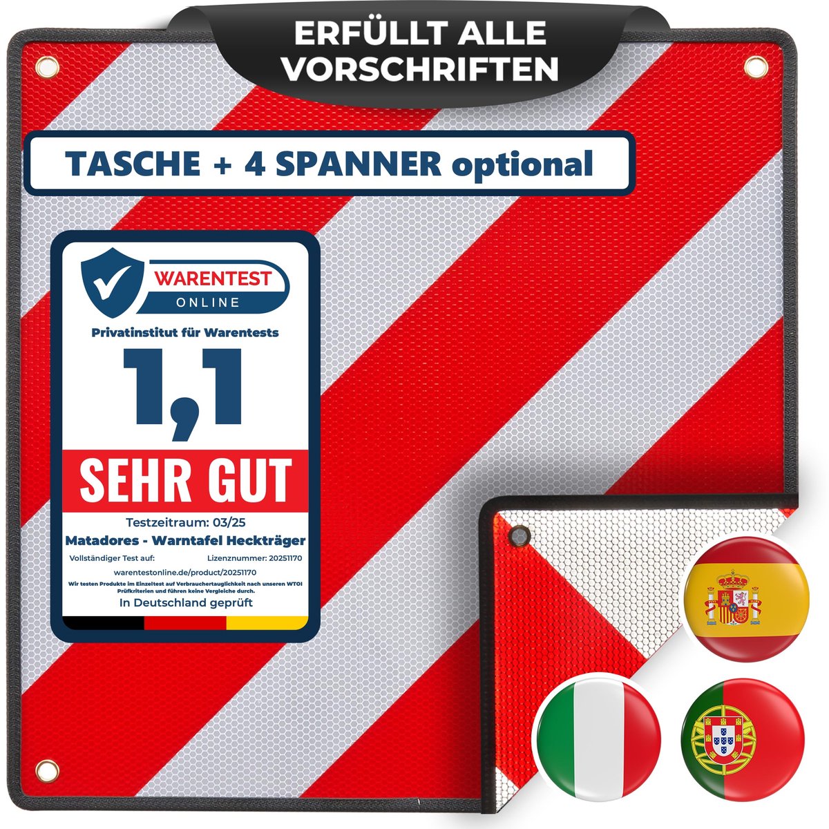 SnelShoppen - Premium 3-in-1 Waarschuwingsbord voor Italië, Spanje & Portugal - Aluminium, Reflecterend 50 x 50 cm voor Fietsendrager, Achterdrager, C