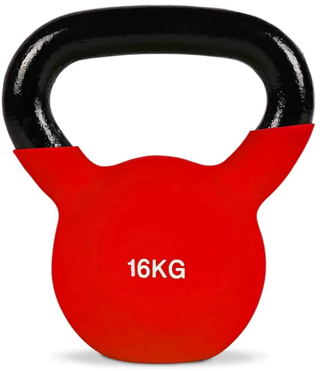 SnelShoppen - Kettlebell 16 kg Gietijzer Rood met Ergonomische Handgreep voor Sport Fitness Gym Workout Krachttraining Crossfit en Thuisgebruik