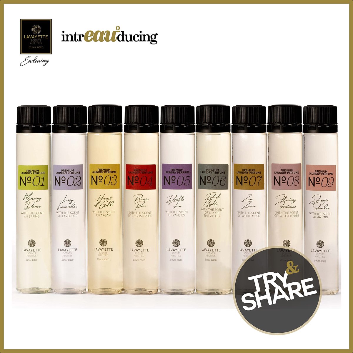 SnelShoppen - Lavayette Premium Wasparfum Testpakket - Geur voor Kleding, Beddengoed en Linnen - 9 x 25 ml Vloeistof - Geurverwijderaar - Wasgeur voor