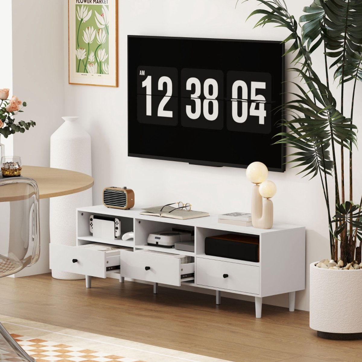 OKWISH TV meubel – 3 open vakken en 3 lades – Met kabelmanagement – Voor tv's tot 75 inch – Wit – 140 x 34 x 45 cm