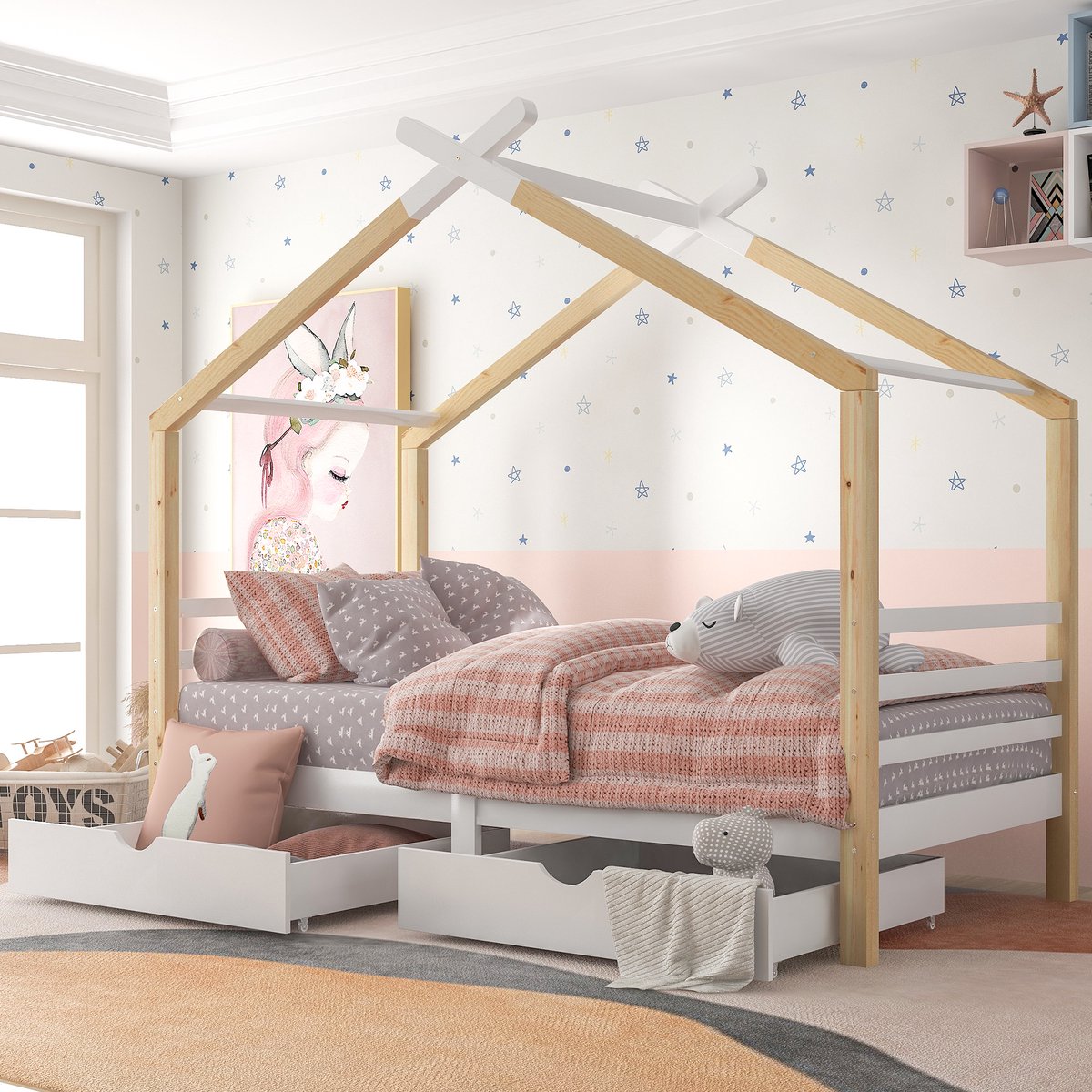COVREO Bed 96x210 cm - wit en houtkleur, met lattenbodem en 2 opberglades