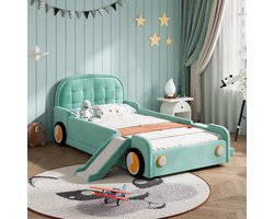 STILVORA Kinderbed Autobed 90x200 cm – Speels Bed Met Glijbaan En Trap – Uitvalbeveiliging En Zachte Stoffering – Voor Kinderkamer – Stof – Blauwgroen – Zonder Matras
