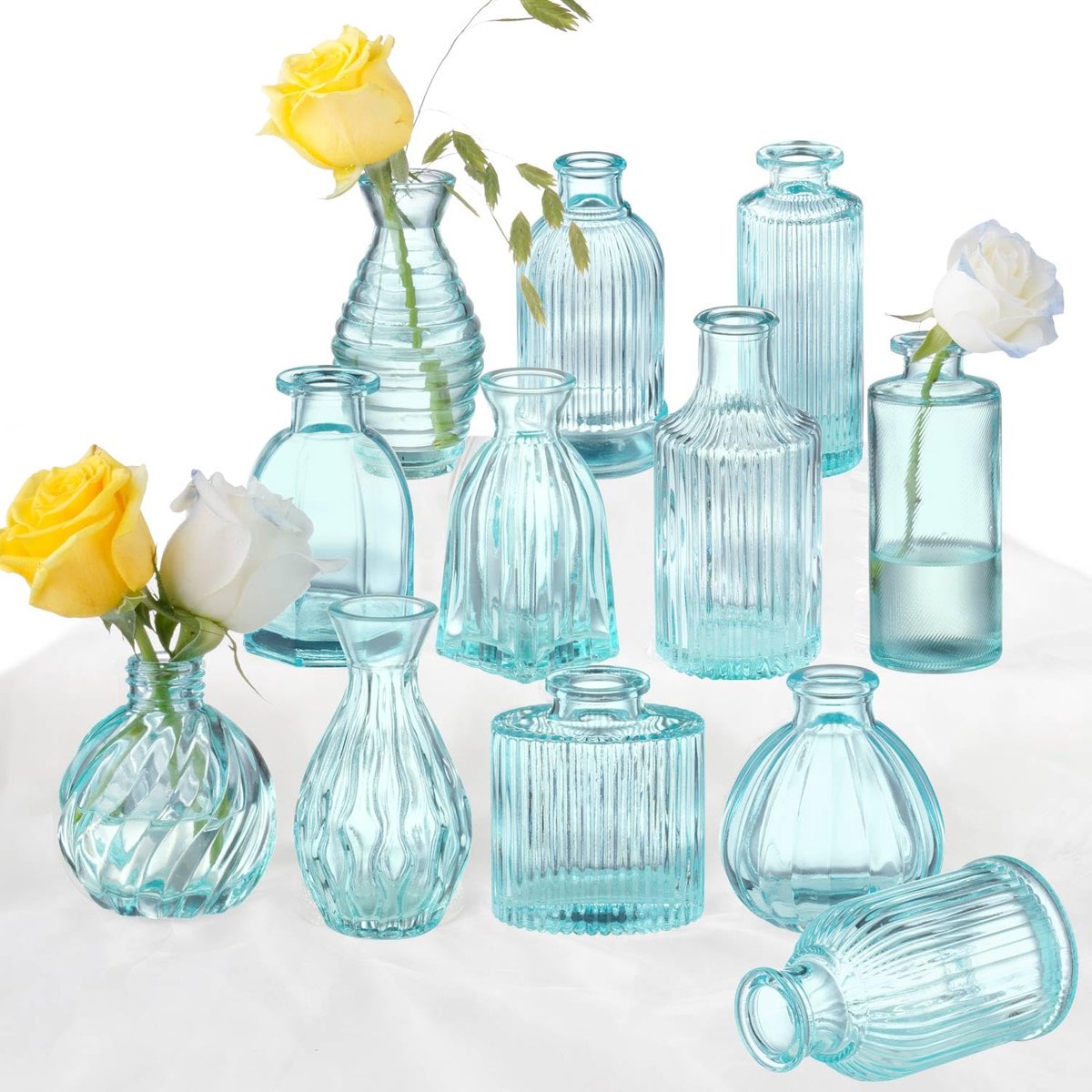 SnelShoppen - Set van 12 Blauwe Glazen Knopvazen, Vintage Geribbeld Glas, Kleine Bloemenvaas voor Decoratie, Perfect voor Bruiloft, Bruidsdouche en Ta