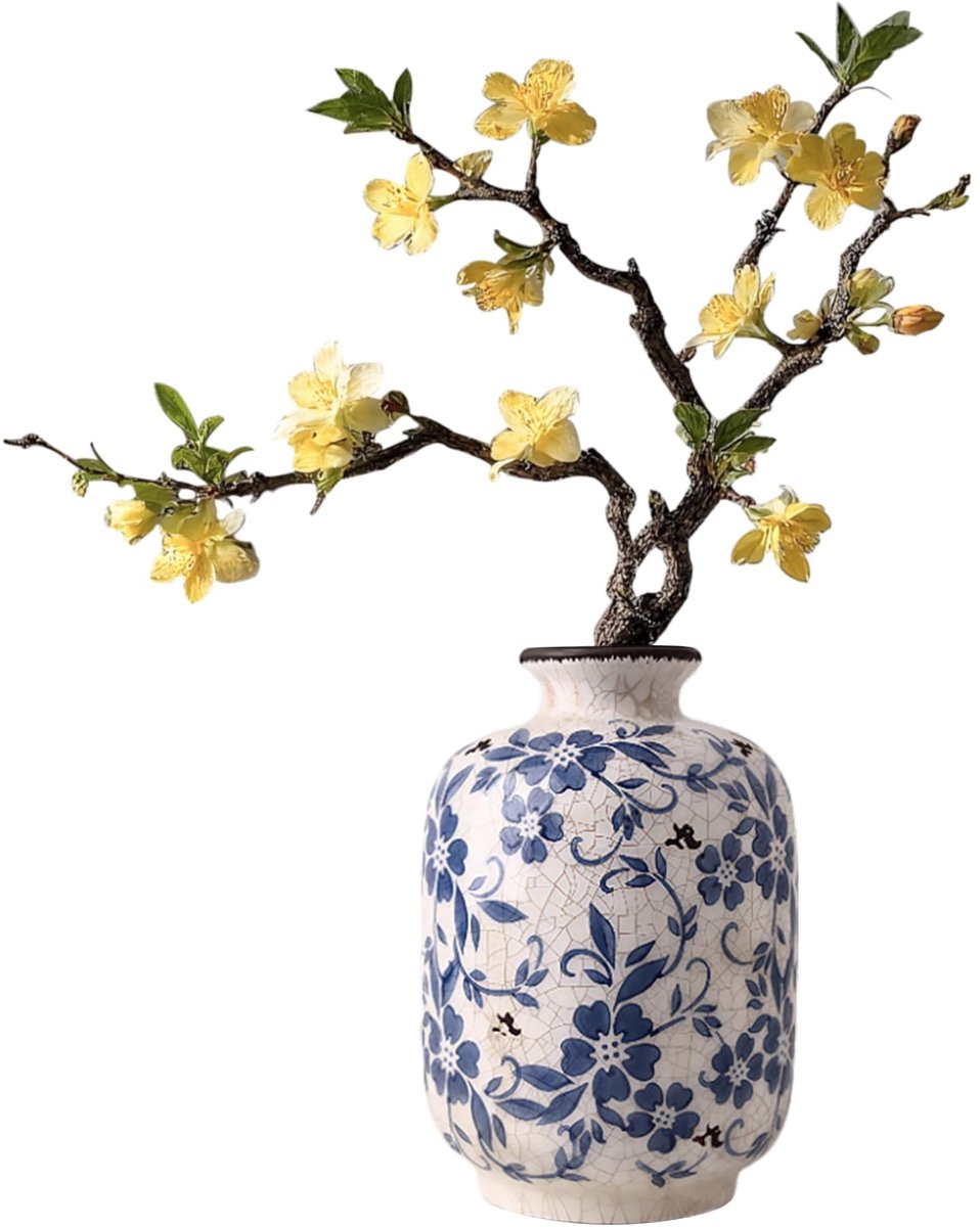 SnelShoppen - Chinese Witte en Blauwe Keramische Vaas - Vintage Porseleinen Bloemenvaas - Decoratieve Rustieke Keramische Vazen met Crêpe Emaille - 12