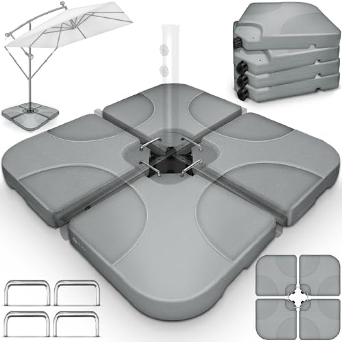 Parasolstandaard 60 liter / 80 kg, 4-delig voor zweefparasol, incl. metalen verbindingsstukken, te vullen met water of zand, weerbestendig, grijs
