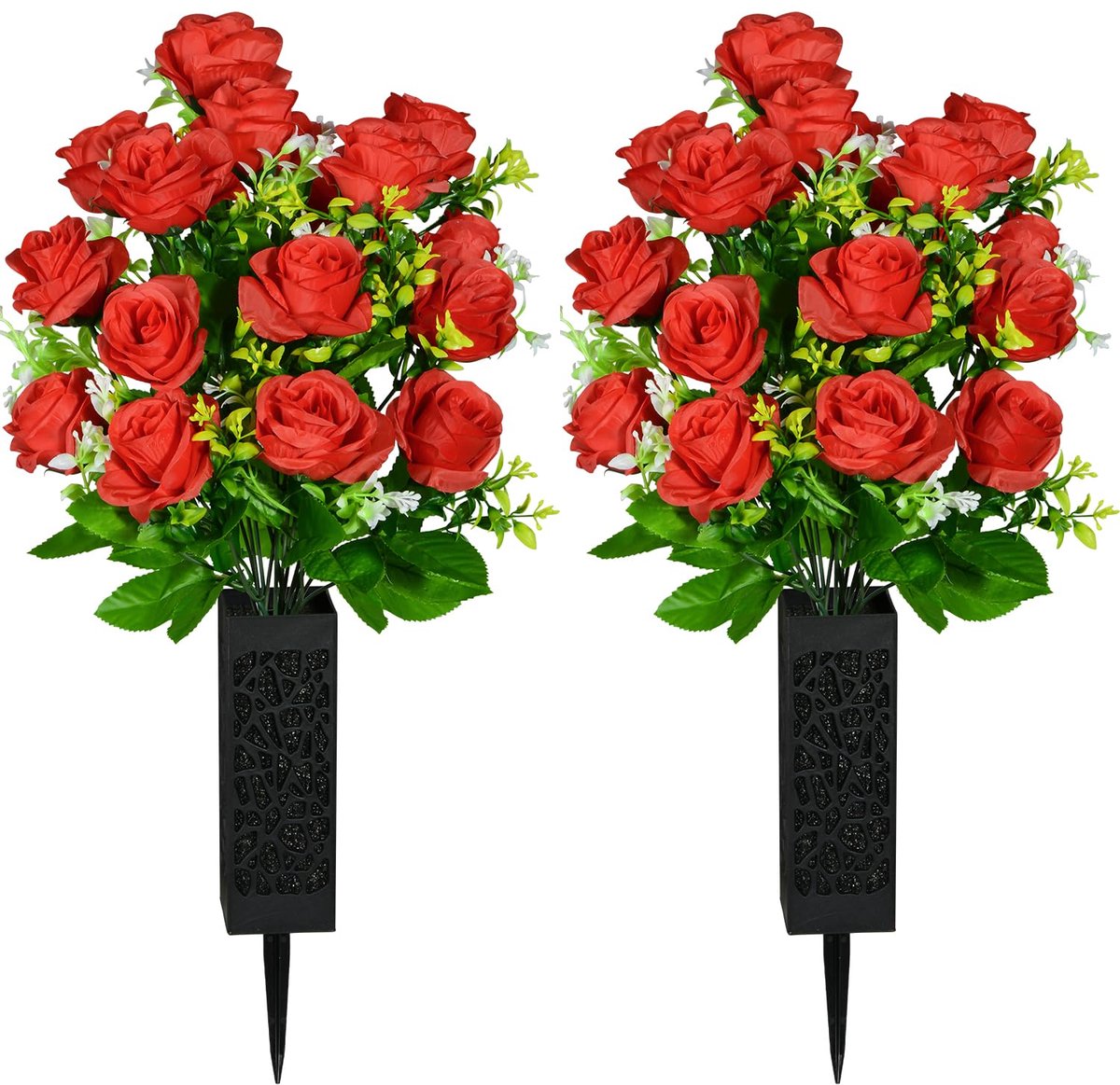 SnelShoppen - Kunstbloemen voor Begraafplaats met Vaas - 2 Stuks Kunstroos, Rood, Decoratieve Bloemen voor Grafstenen en Grafmonumenten - Duurzaam en