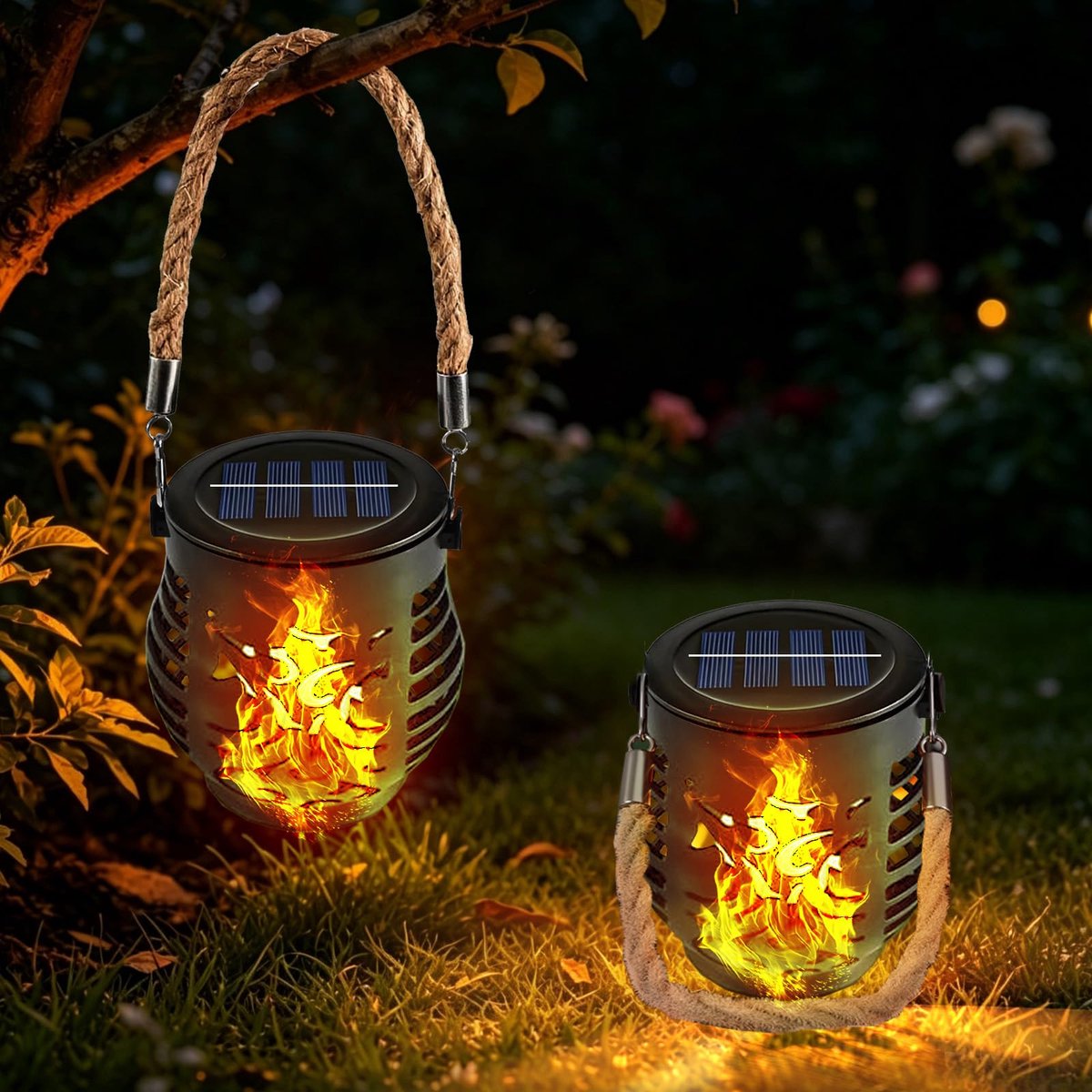 SnelShoppen - 2 Stuks Lantaarns op Zonne-energie voor Buiten, Weerbestendig met Flikkerende Vlammen, LED Lampions, Henneptouw, Hangend en Staand, Tuin