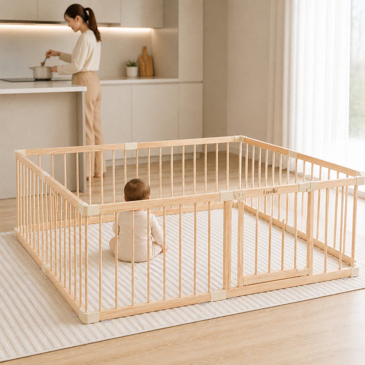 Lucellia® Houten Grondbox Baby - 120x160 / 140x140 cm – Vast Model Speelbox Hout – Kinderbox, Kruipbox, Playpen & Baby Box – Prime Wood Beige – foto 2