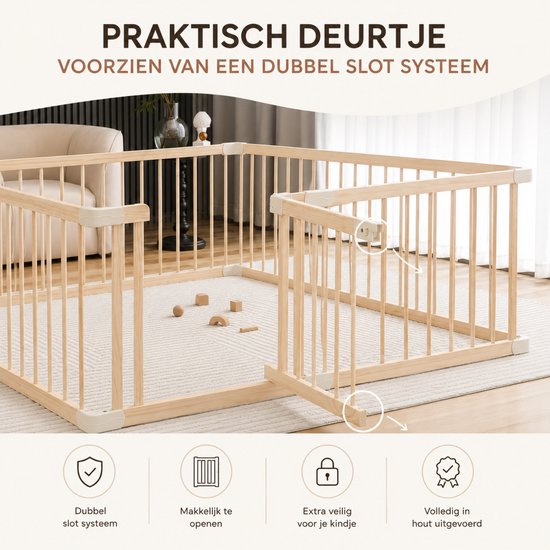 Houten babybox met dubbel slot systeem en beige connectoren. Makkelijk te openen, extra veilig en voltooid in hout.