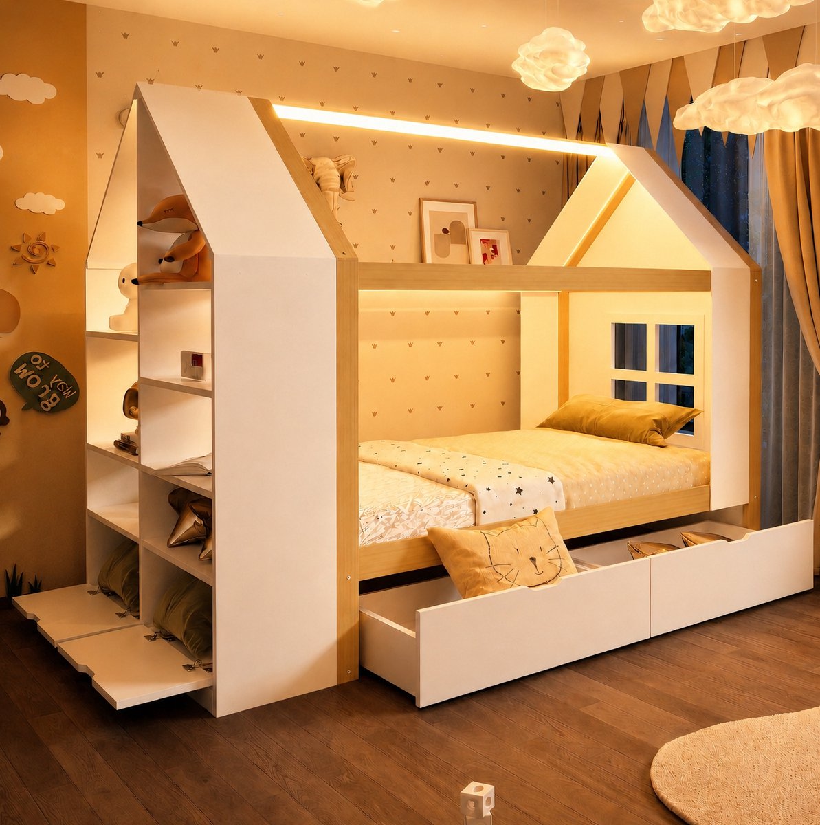MODFU Kinderbed - Huisvorm Met 2 Lades En LED - Wit Naturel - Hout MDF - Eenpersoons