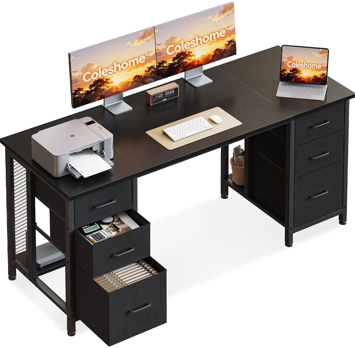 SnelShoppen - Coleshome Bureau met 6 Lades, 160x52 cm Zwart Computerbureau met Opslagruimte en Planken voor Thuiskantoor en Studie
