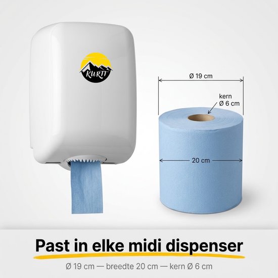 Blauwe midi poetsrol naast een dispenser, met afmetingen aangegeven.