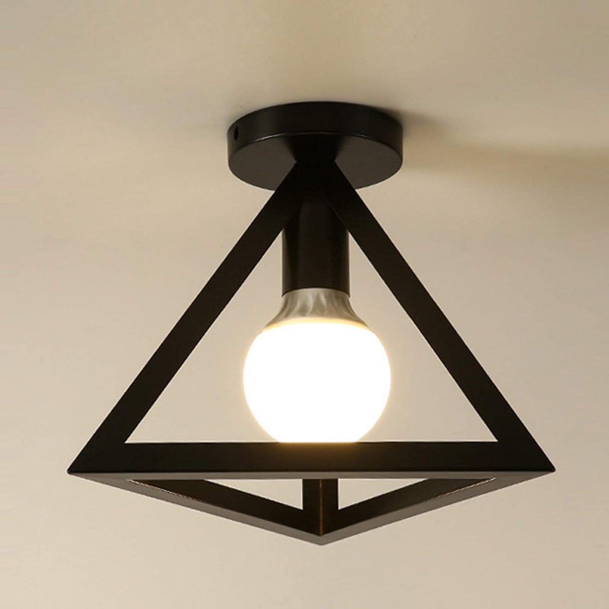 KZQ Driehoekige Vintage Plafondlamp - Metalen Kooi Kap - Industrieel Design - Semi Flush Mount - Geschikt Voor Loft Kantoor Café En Restaurant - Zwart