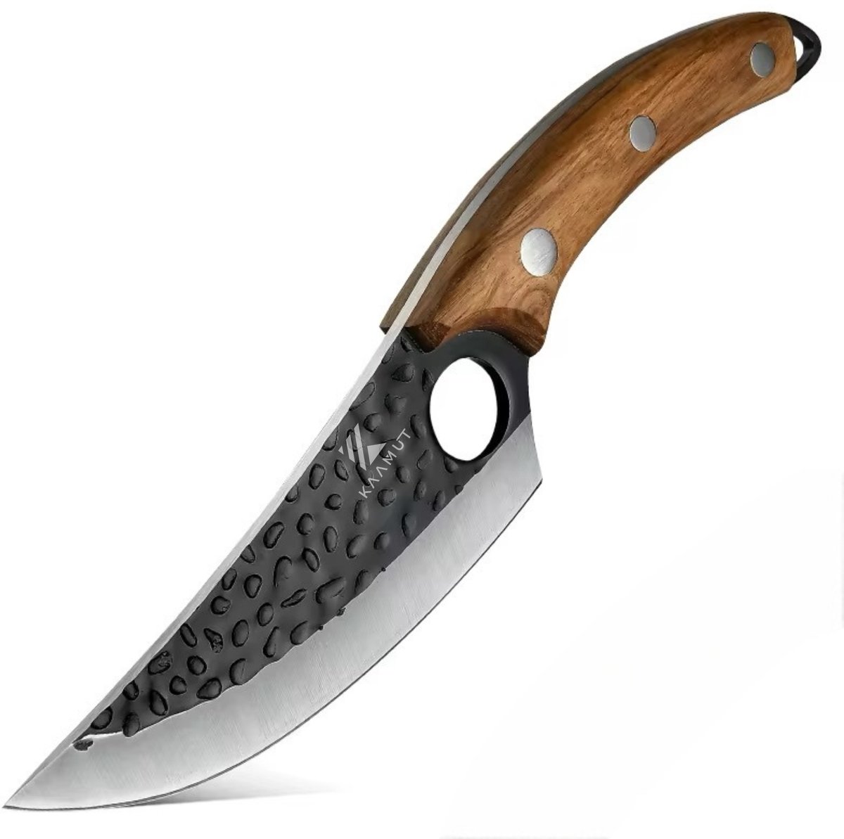 KAAMUT® Multifunctioneel Keukenmes 15 cm – Gehamerd 5Cr15Mov Staal – Vlijmscherp – BBQ Mes – Slagersmes – Zwarte Finish – Massief Houten Handvat