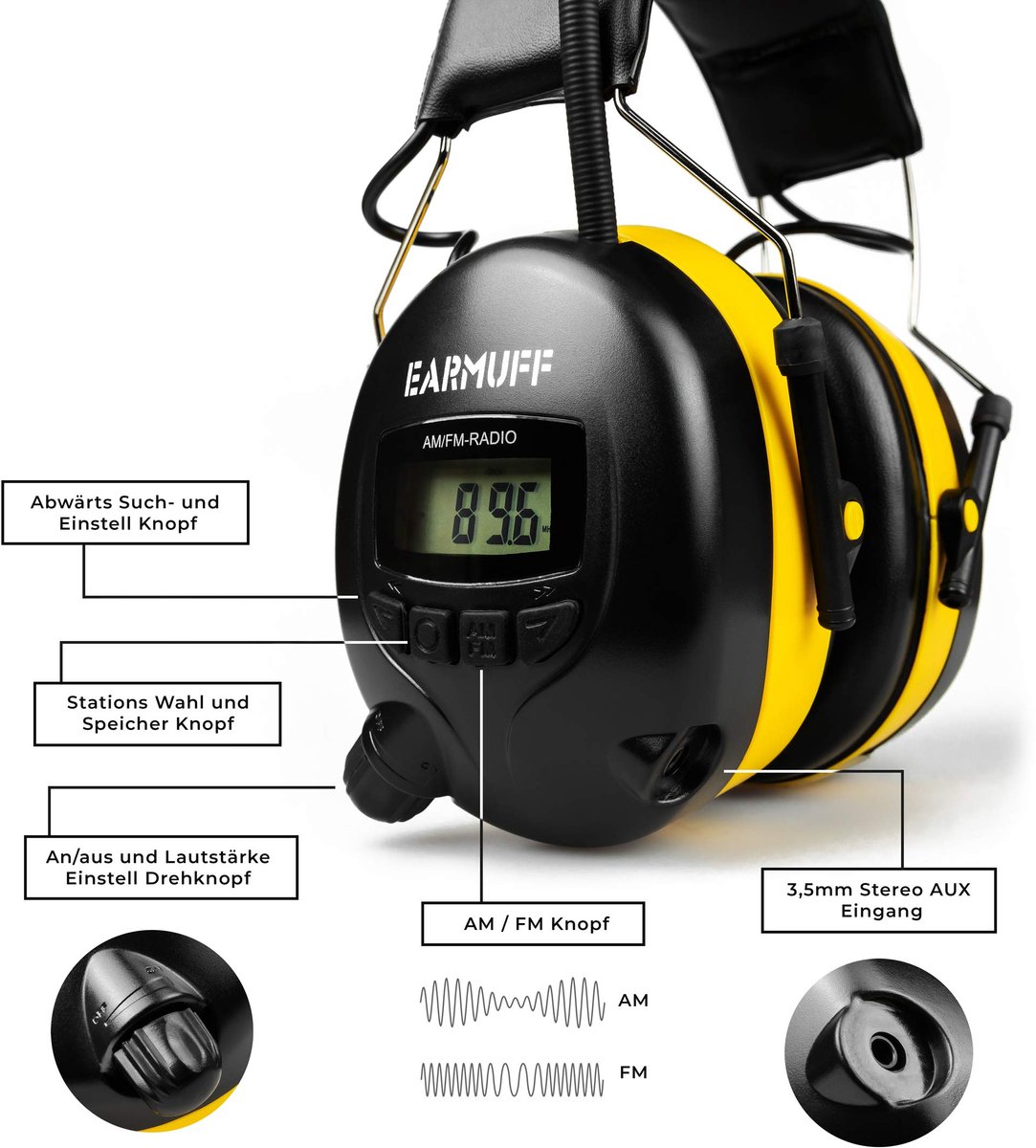 SnelShoppen - EARMUFF Gehoorbescherming met AM/FM-radio, AUX-aansluiting, 31 dB geluidsisolatie, elektronische oorbescherming voor volwassenen, ideaal