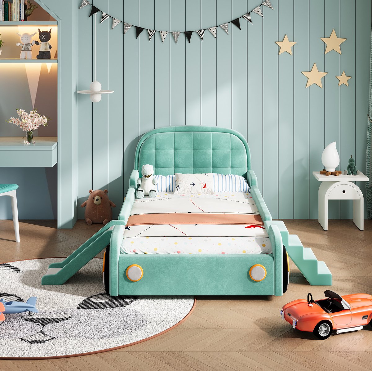 MODFU Kinderbed - Auto - Met Glijbaan En Trap - Blauwgroen - 90 X 200 Cm