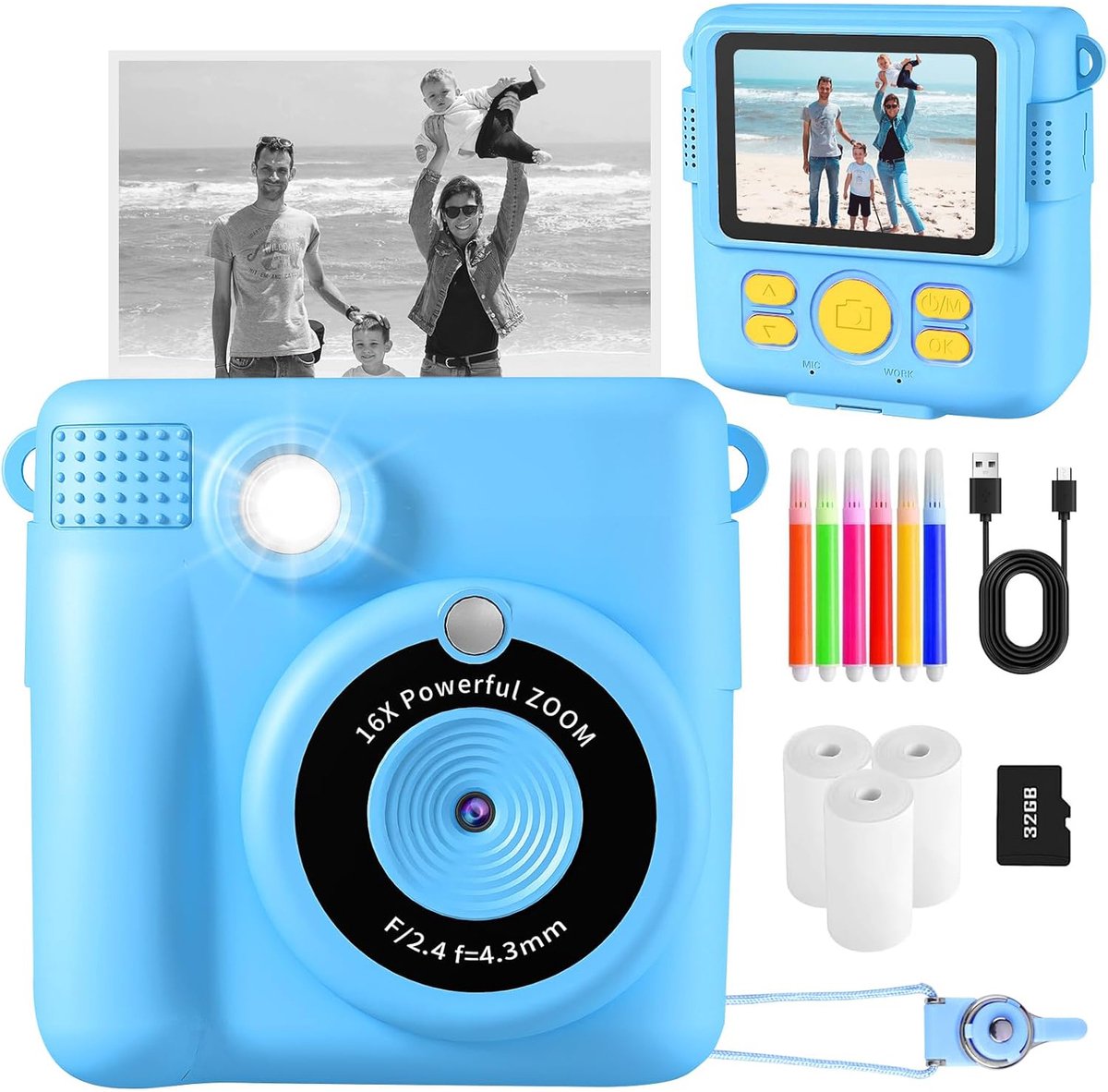 Instant Printcamera - Selfie Digitale Camera - 16x Digitale Zoom En 32 GB SD-Kaart - Kerst- En Verjaardagscadeaus Voor Kinderen