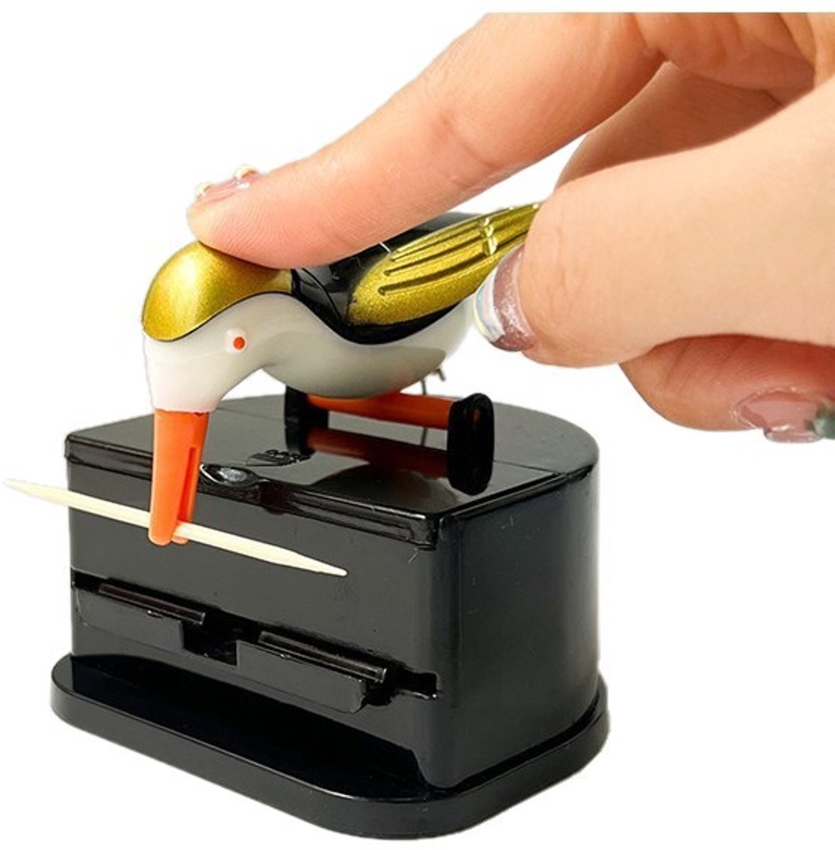 Tandenstokerdispenser - Vogelvorm - Tandenstoker Houder - Cocktailprikker Houder - met Automatische Pop-up Tandenstokerfunctie - Voor Tafelgebruik - 7.5*9.5cm - Zwart