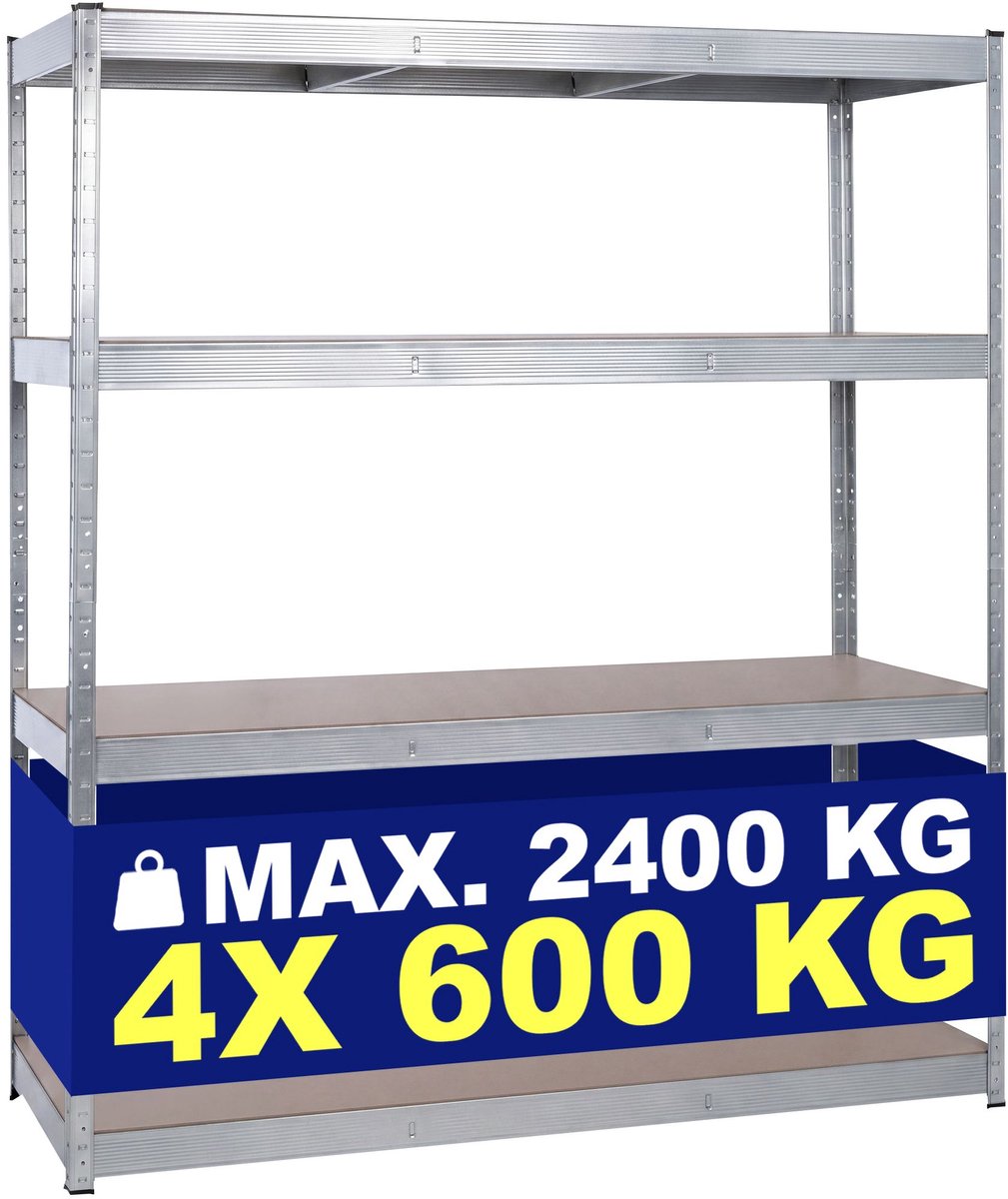 CLP Metalen opbergrek 160 x 60 x 180 cm - 4 MDF planken - 2400 kg - zilver