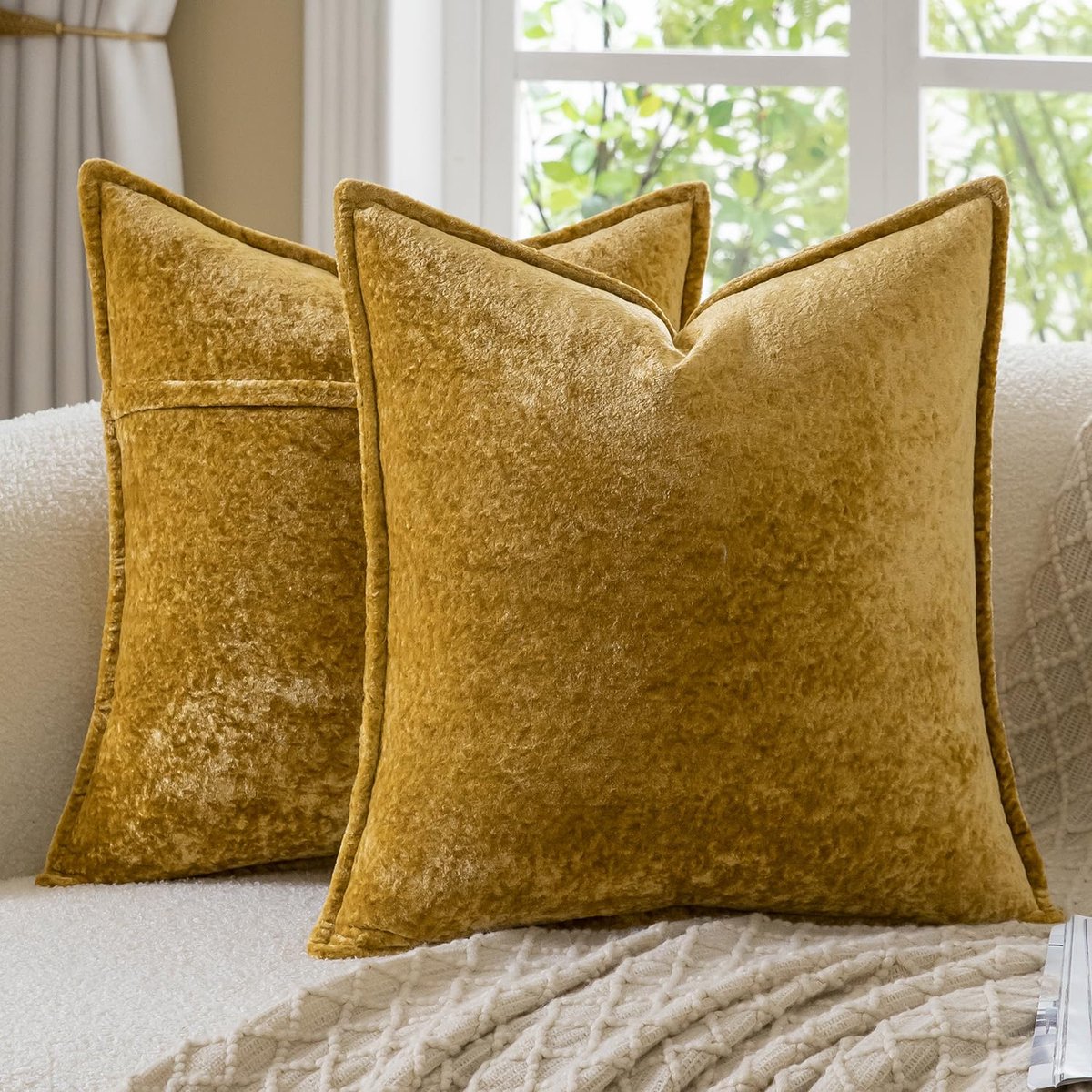 SnelShoppen - Decoratieve Vintage Kussenhoezen Set van 2 Geruite Bankkussens Neutrale Boho Farmhouse Kussenslopen 40x40 cm Goud Woondecoratie voor Ban